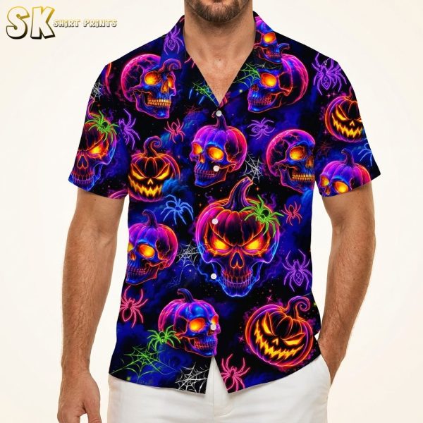 Halloween Hawaiian Shirt – Neon Skulls, Jack-O'-Lanterns & Spider Webs