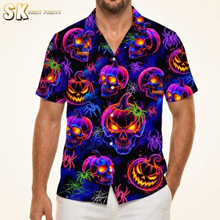 Halloween Hawaiian Shirt – Neon Skulls, Jack-O’-Lanterns & Spider Webs
