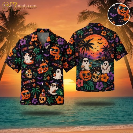 Men's Halloween Hawaiian shirt with Summerween print featuring cartoonish ghosts in sunglasses, jack-o'-lanterns, palm trees, hibiscus flowers, skulls with flowers, bats, and starfish on a ghost mannequin at sunset beach