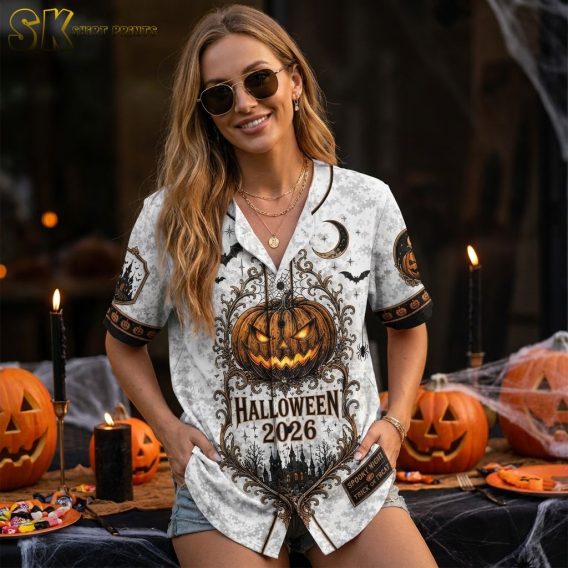 Female model wearing a spooky Hawaiian shirt with carved pumpkin, flying bats, crescent moon, spider webs, and gothic haunted castle all-over print