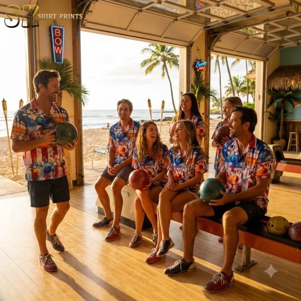 Custom Hawaiian bowling shirts worn by a bowling team celebrating together at a retro-themed bowling alley