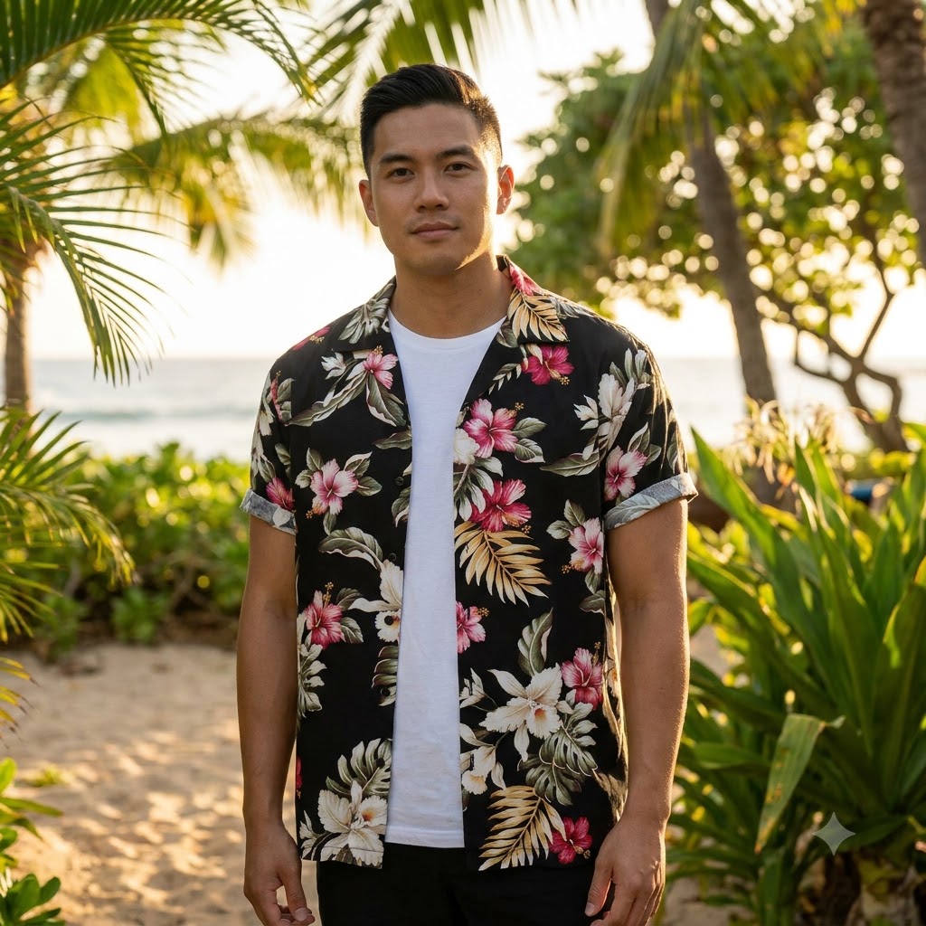 Floral Hawaiian shirt flat lay showing bold hibiscus print on black cotton fabric with coconut buttons and chest pocket detail