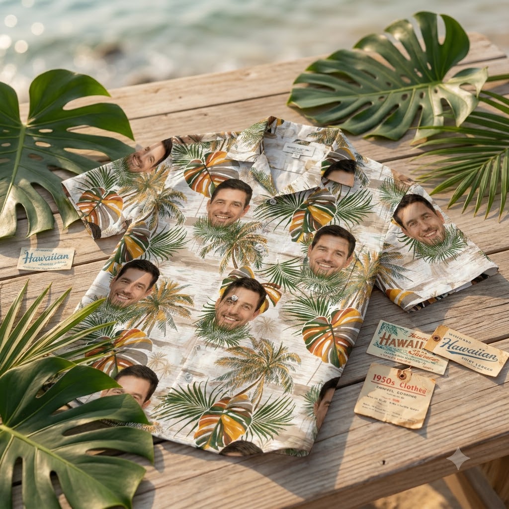 Collection of retro tropical shirts featuring bold Hawaiian prints in vintage 1950s aloha style