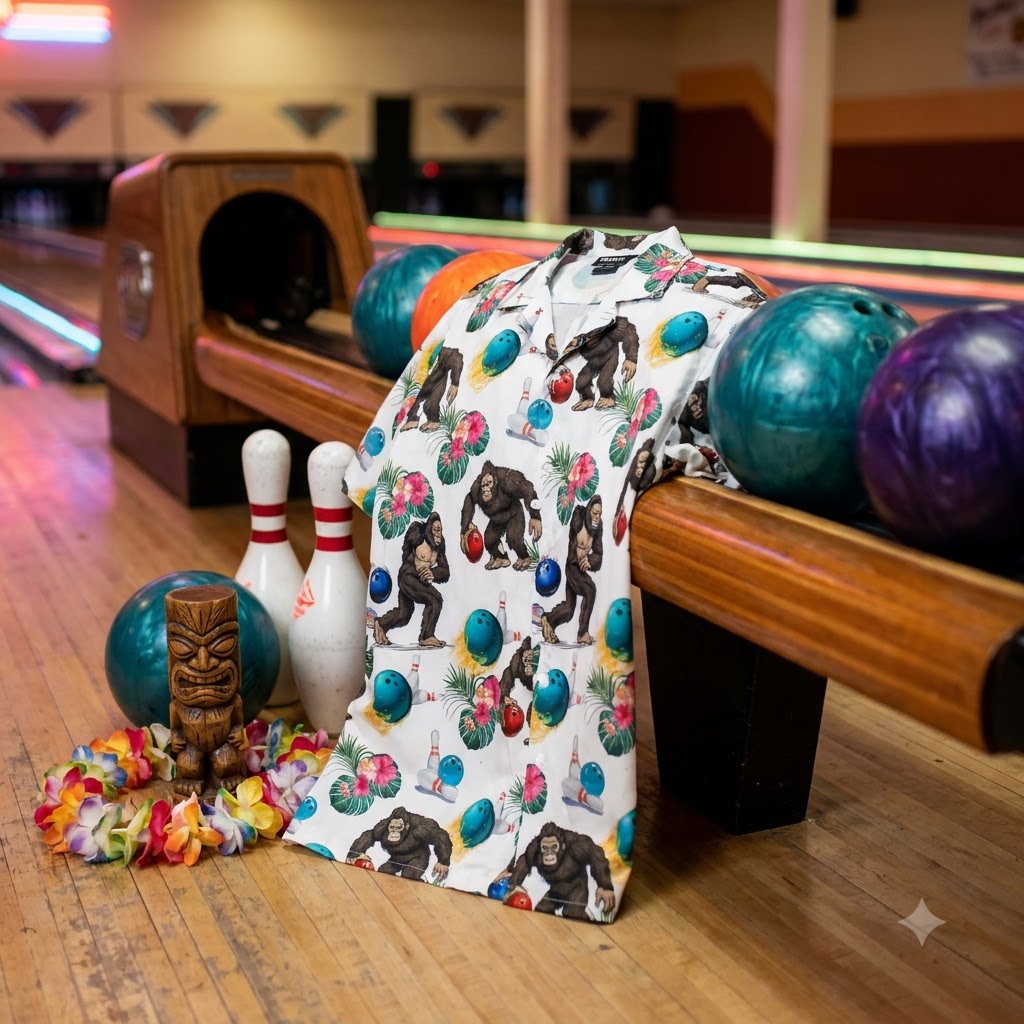 Group of friends wearing colorful hawaiian bowling shirts at a retro bowling alley, laughing and holding bowling balls