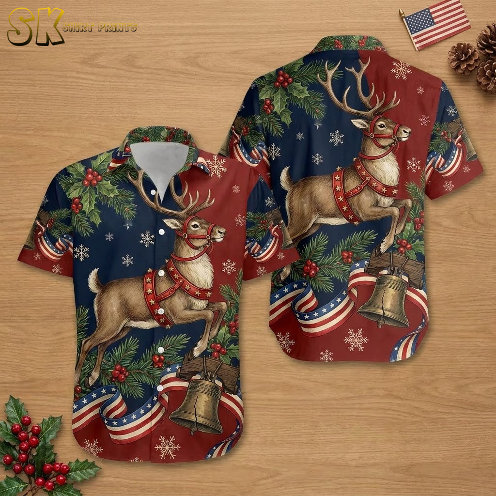 250 years of America Hawaiian shirt laid flat showing front and back of reindeer, holly, bells, and snowflake print on red and navy blue background, short-sleeve button-up