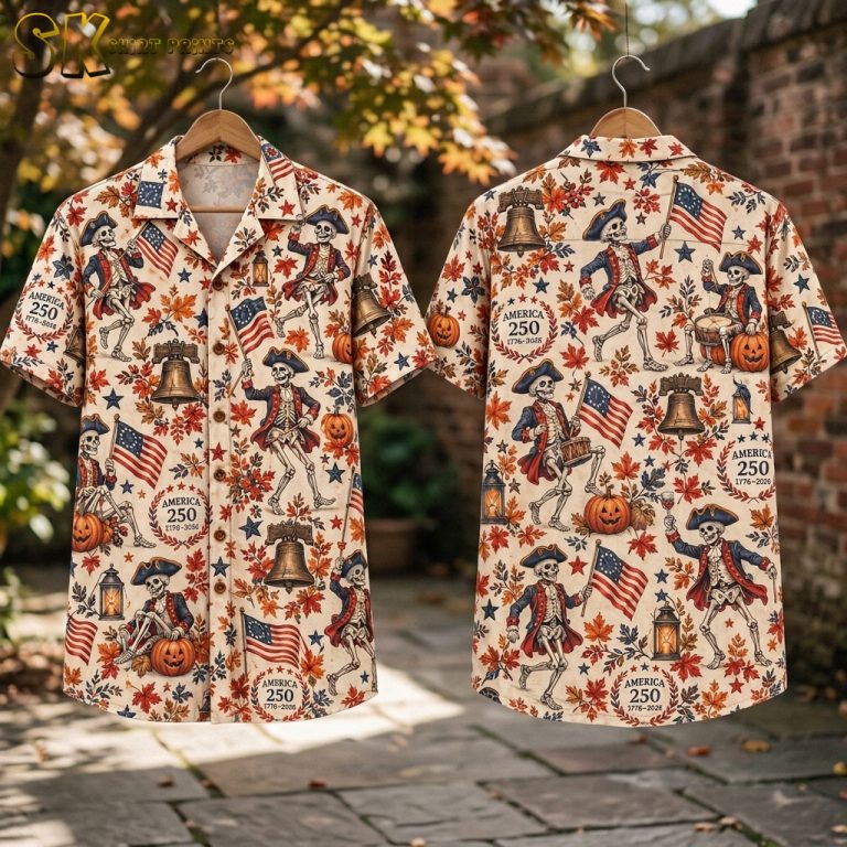 Halloween Hawaiian Shirt – Colonial Skeleton & Jack-o’-Lantern America 250 Print