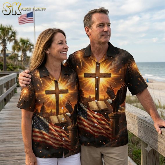 Couple wearing America 250 Hawaiian shirts showing all available color options with eagle, cross, and Capitol print