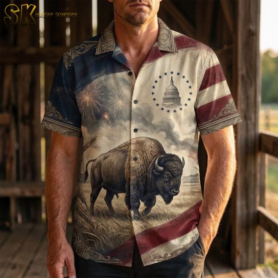 Man wearing America 250 Hawaiian shirt with bison, Capitol building, and fireworks print in beige and red tones