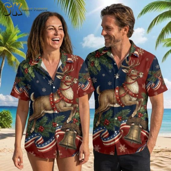 Couple wearing America 250 Hawaiian shirts in multiple available colors, featuring reindeer, holly, bells, and snowflake prints on various backgrounds