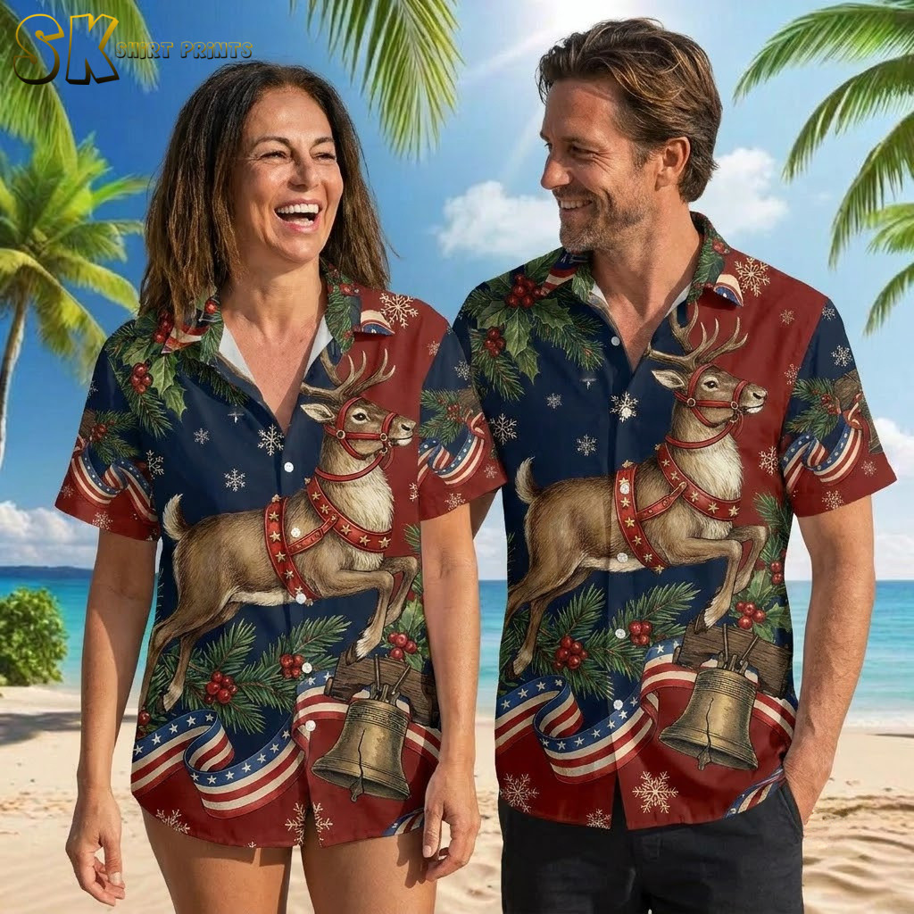 Couple wearing America 250 Hawaiian shirts in multiple available colors, featuring reindeer, holly, bells, and snowflake prints on various backgrounds