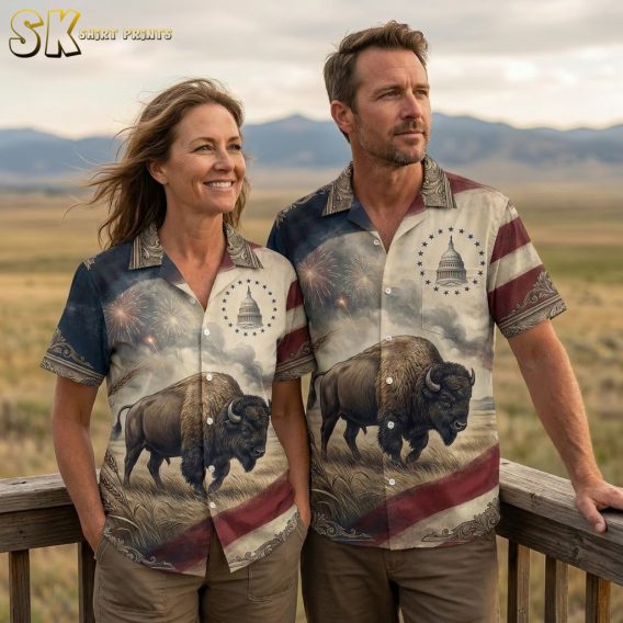 Couple wearing America 250 patriotic Hawaiian shirts in multiple color options, showing full collection range with bison and Capitol building print