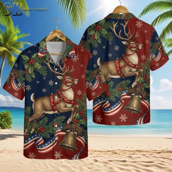 America 250 outfits – reindeer Hawaiian shirt with holly, bells, and snowflake motifs on a red and navy blue background, shown front and back on hanger