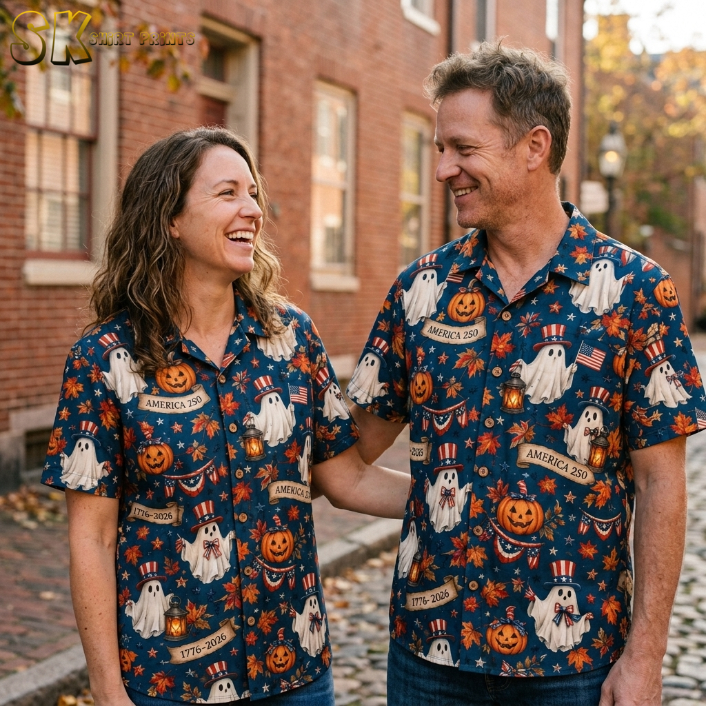 Couple wearing matching dark blue halloween hawaiian shirts with patriotic ghost, pumpkin, and America 250 anniversary print.