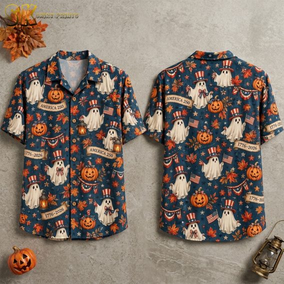 Flat lay of the front and back of a dark blue halloween themed hawaiian shirt showing patriotic ghosts, pumpkins, flags, and America 250 scroll banners across the full all-over print.
