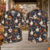 Front and back hanger view of a dark blue halloween hawaiian shirt with patriotic ghosts, jack-o'-lantern pumpkins, American flags, and America 250 anniversary banners.