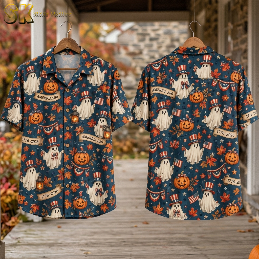 Ghosts & Pumpkins America 250 Halloween Hawaiian Shirt