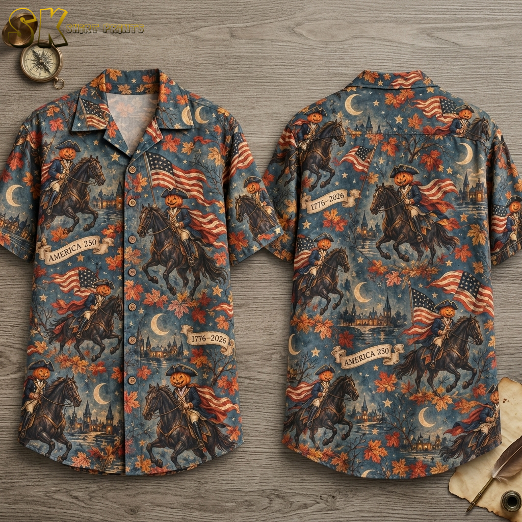 Flat lay of front and back of halloween themed hawaiian shirts design with pumpkin-headed colonial horse riders, American flags, scroll banners, and autumn leaves on a blue background.