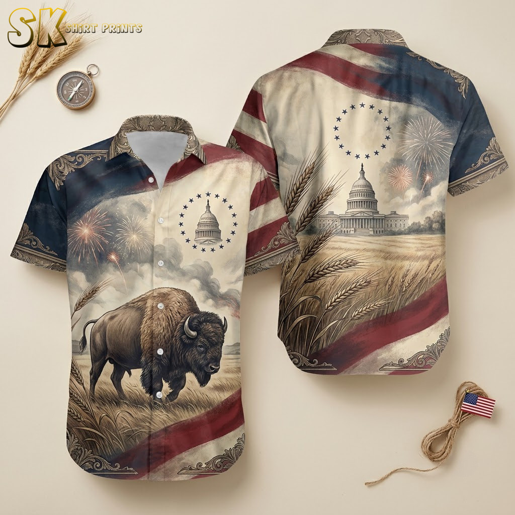 America 250th Anniversary Hawaiian Shirt – Patriotic Bison & Capitol Fireworks Button-Up