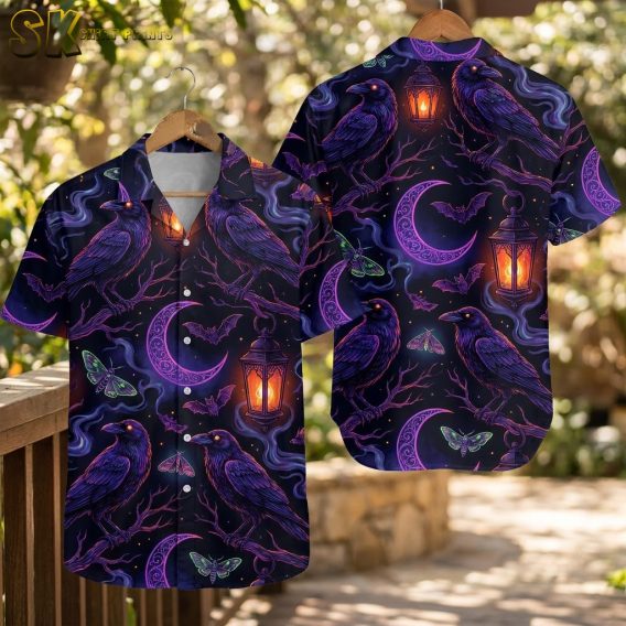 Front and back hanger view of a black Hawaiian button-up shirt with crow, crescent moon, lantern, bat, and moth print for a Halloween costume