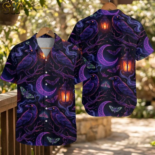 Crows & Crescent Moon Halloween Hawaiian Shirt – Gothic Night Scene Button-Up