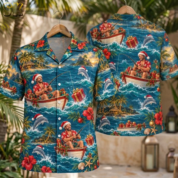 Men's Hawaiian Christmas Shirt – Santa Fishing & Dolphins Tropical Holiday Button-Up