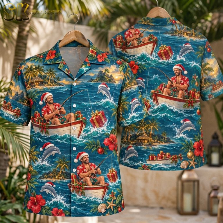 Men’s Hawaiian Christmas Shirt – Santa Fishing & Dolphins Tropical Holiday Button-Up