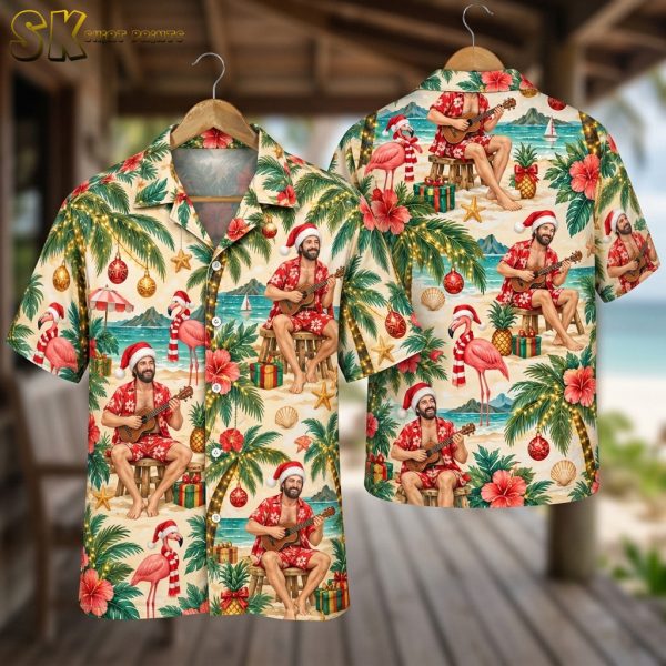 Tropical Santa Shirt – Christmas Hawaiian Button-Up with Ukulele, Flamingos & Holiday Motifs