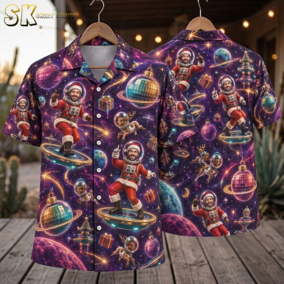 Christmas aloha shirt displayed on hanger showing front and back, featuring Santa in a space suit, reindeer, planets, disco balls, and gifts on a purple and blue background