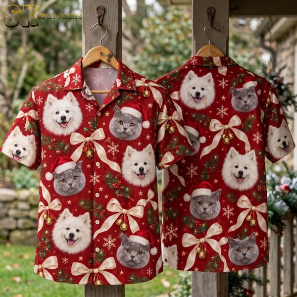 Christmas Hawaiian Shirt – Dogs & Cats in Santa Hats on Red