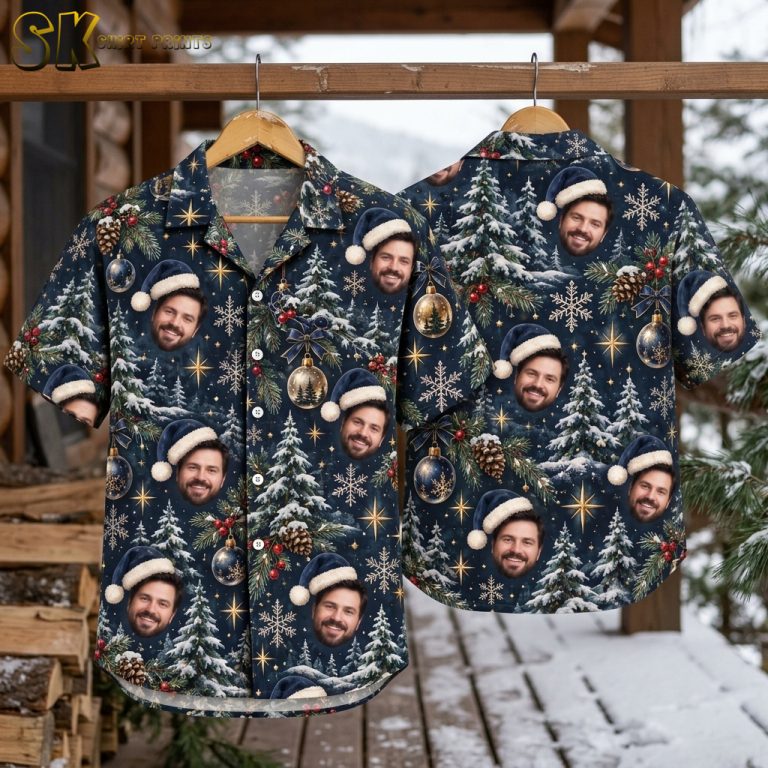 Men’s Christmas Hawaiian Shirt – Santa Hat Faces & Holiday Pattern