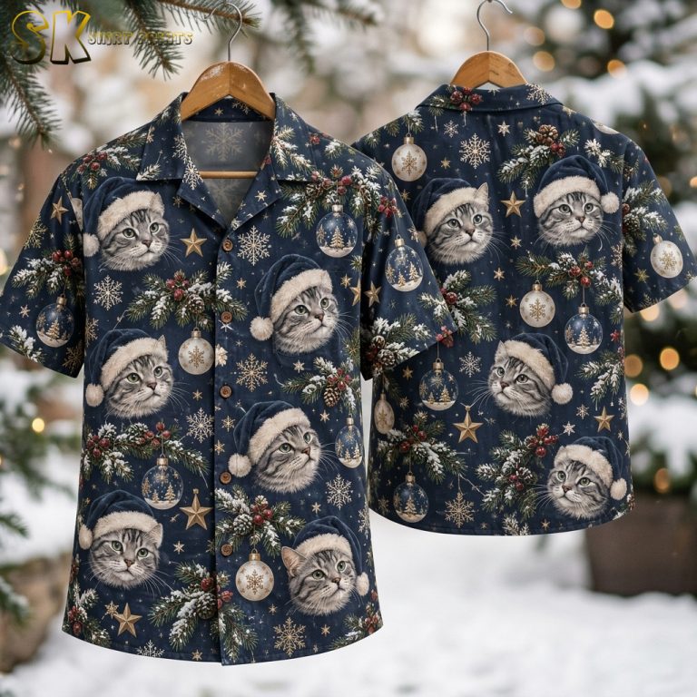 Christmas Cat Hawaiian Shirt – Festive Feline Santa Hat Aloha Shirt