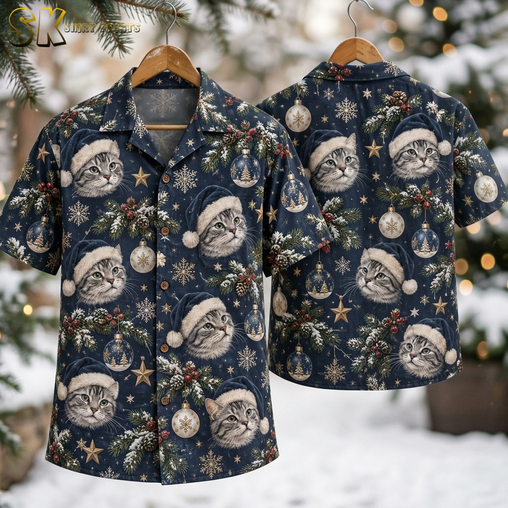 Men's Christmas Hawaiian shirt on hanger showing front and back, dark blue fabric with cats wearing Santa hats, snowflakes, gold stars, and ornament baubles