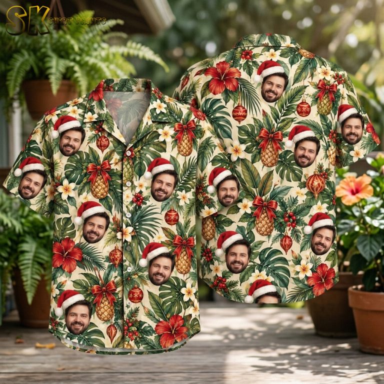Men’s Christmas Hawaiian Shirt – Tropical Santa Face Holiday Button-Up