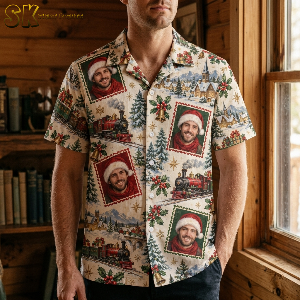 Man wearing a mens christmas hawaiian shirt with vintage Santa portrait stamp print in red, green, and cream, short sleeve button-up style