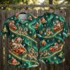 Christmas Hawaiian shirt displayed on hanger showing front and back, dark green and red short-sleeve button-up with Santa in a spacesuit riding a sleigh pulled by reindeer among planets and stars