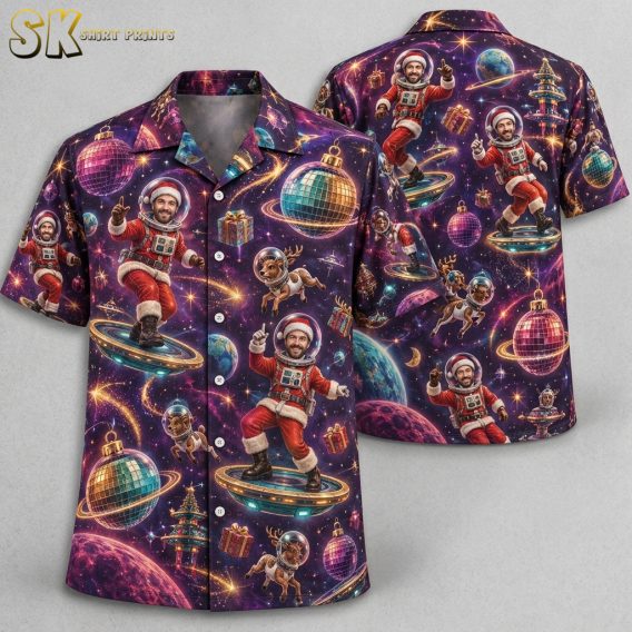 Flat lay of a christmas Hawaiian shirt showing front and back with space Santa, reindeer, planets, disco balls, and gifts on a purple and blue all-over print