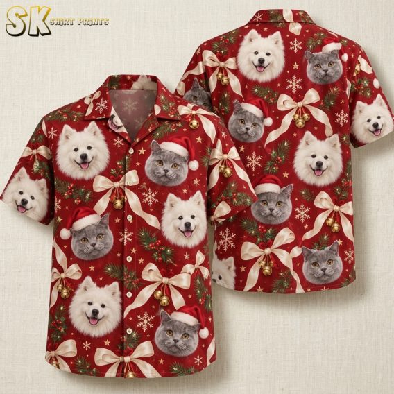 Flat lay of Christmas Hawaiian shirts for men showing front and back with red all-over dog and cat Santa hat print, gold bells, snowflakes, and pine branches