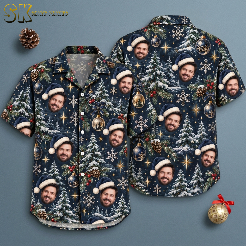 Flat lay of Christmas Hawaiian shirts for men showing front and back of dark blue short-sleeve button-up with Santa hat faces, Christmas trees, and snowflake pattern