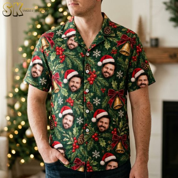 Man wearing a dark green Christmas Hawaiian shirt with a Santa hat face and holiday motif print in a lifestyle setting