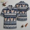 Flat lay front and back view of a Christmas in July Hawaiian shirt with a navy blue and cream pattern of dogs and cats in Santa hats, snowflakes, and reindeer