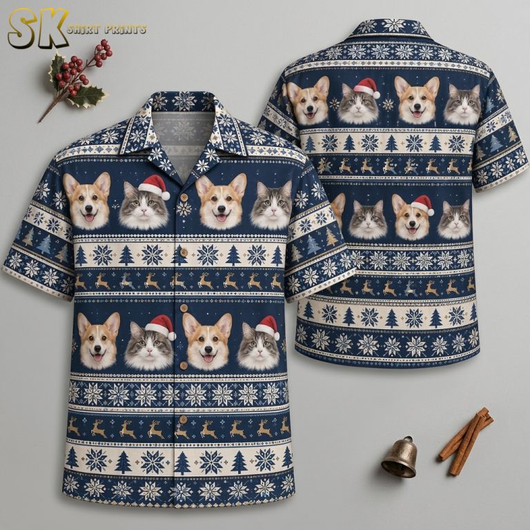 Tropical Santa Shirt – Christmas Pets Hawaiian Shirt with Dogs, Cats & Holiday Motifs