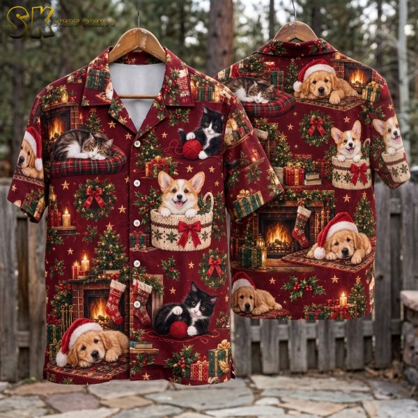 Christmas Puppy & Kitten Hawaiian Shirt – Festive Holiday Button-Up