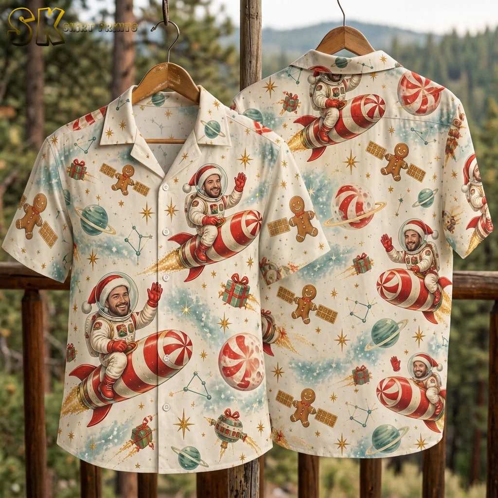 Christmas tiki shirt with astronaut Santa riding a candy cane rocket, gingerbread men, planets, and stars on a cream, red, and green button-up, shown front and back on hanger