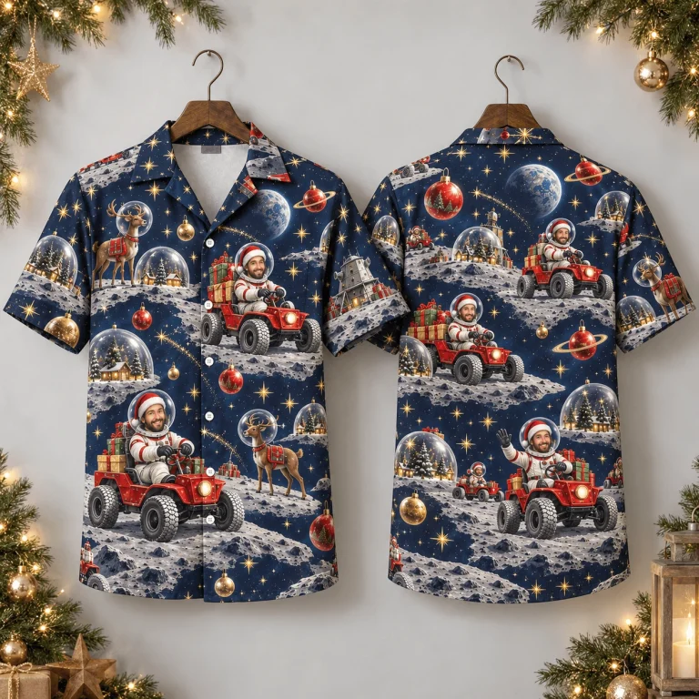 Custom Face Christmas Hawaiian Shirt – Astronaut Moon Adventure