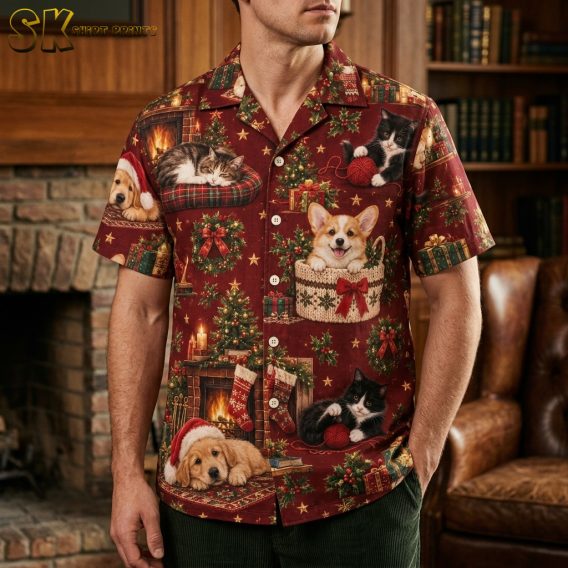 Man wearing a funny christmas hawaiian shirt with corgi, kitten, and golden retriever puppy holiday print in red and green