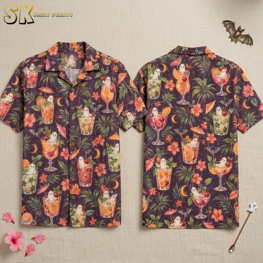 Flat lay of a dark purple halloween hawaiian shirt showing the front and back with an all-over print of ghost-filled cocktails, hibiscus blooms, crescent moons, and bats.