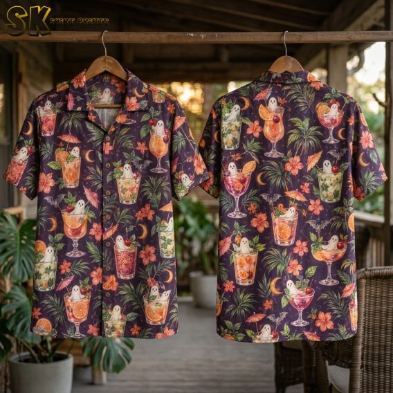 Front and back hanger view of a dark purple halloween hawaiian shirt with an all-over pattern of cocktail glasses holding white ghost figures, hibiscus flowers, bats, and crescent moons.
