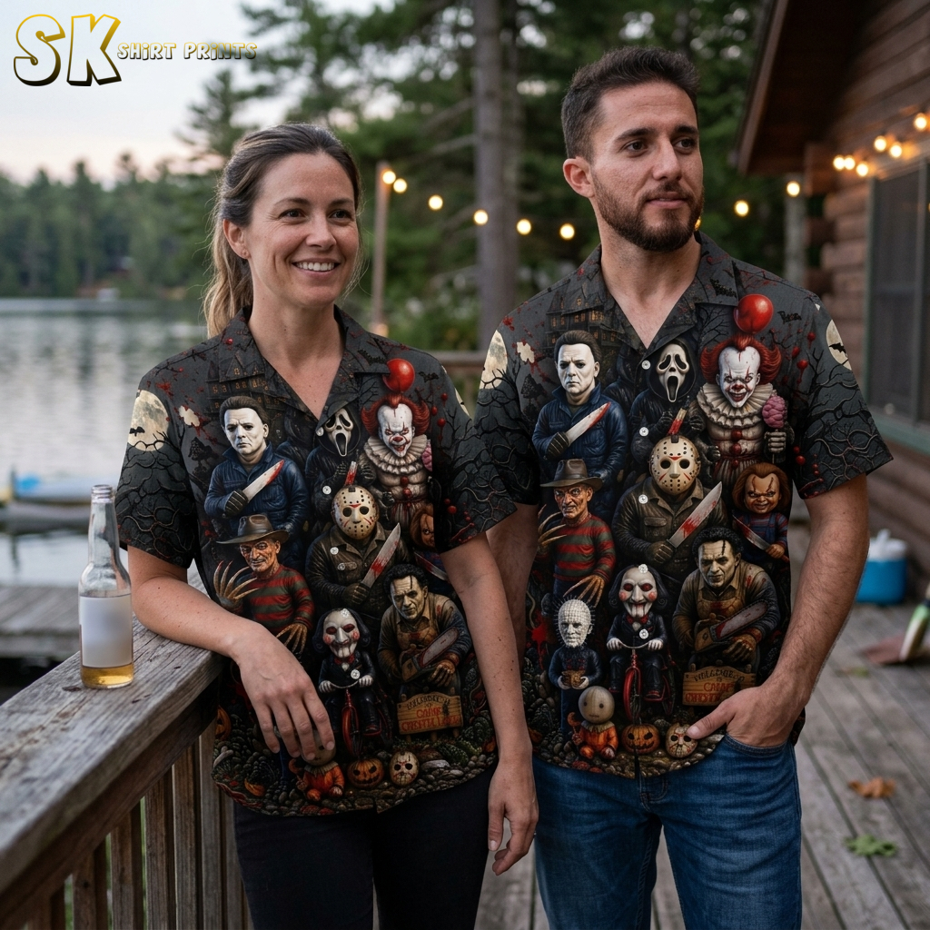 Couple wearing Halloween aloha shirts with horror characters, pumpkins, and jack-o-lanterns on a black all-over print, shown together in a lifestyle photo