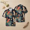 Halloween aloha shirt flat lay showing front and back of navy blue parrot and tropical leaf print short sleeve button-up