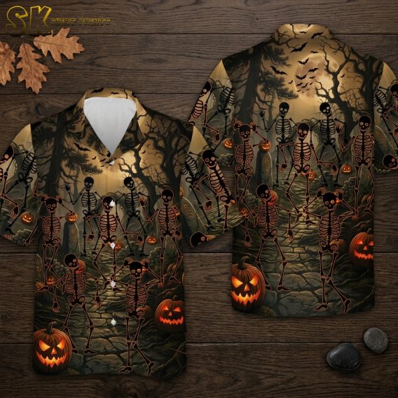Halloween aloha shirt laid flat showing front and back with skeleton, pumpkin, bat, and dark forest all-over print in black and orange